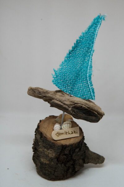 Driftwood Boat with Blue Burlap Sails